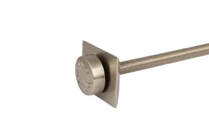 Whitworth wall stay in Satin Nickel with a round embossed cap, square backplate and long threaded rod, on a white background.