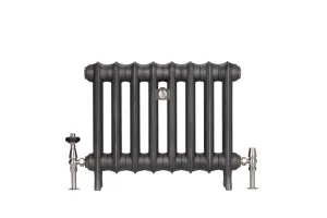 Emmeline I cast iron radiator in Black Iron with eight sections on feet, satin nickel thermostatic and lockshield valves, on white.