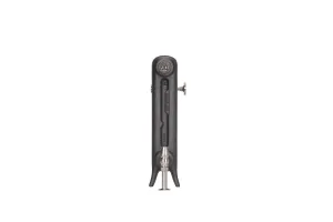 End view of an Emmeline I 465mm cast iron radiator on feet in Black Iron, with a nickel valve at the base and a bleed key at the top.