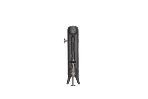 End view of an Emmeline I 465mm cast iron radiator in Black Iron on short feet, with a polished nickel angled valve and wall stay.