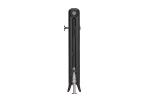 End view of an Emmeline I 665mm cast iron radiator in Matt Black on curved feet, with a nickel angled valve at the base and a bleed valve at the top.