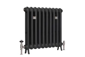 Plain ten-section Emmeline I cast iron radiator in Matt Black on cast feet, with nickel thermostatic and lockshield valves, on white.