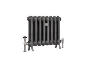 Eight-section Emmeline I cast iron radiator on feet in Black Iron, with satin nickel thermostatic valve and lockshield, on a white background.