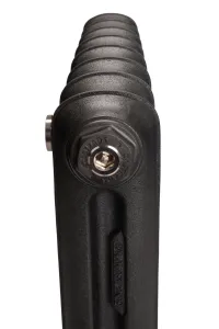 End-on close-up of an Emmeline cast iron radiator in Matt Black, showing a Castrads-embossed end plug with a chrome bleed valve and a cast side marking.