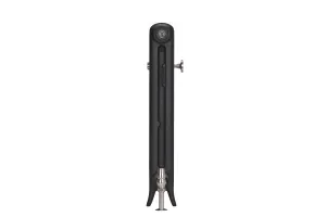 End view of an Emmeline I 665mm cast iron radiator in Matt Black on feet, with a nickel angled valve below and wall stays at the sides.