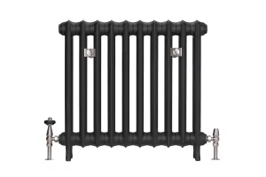 Emmeline I 665mm cast iron radiator in Matt Black on feet, with two nickel wall stays and nickel thermostatic and lockshield valves.