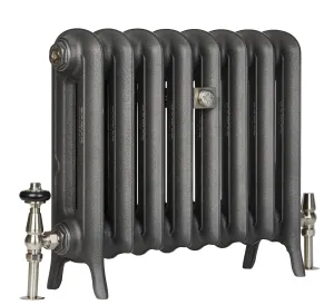 Emmeline II 470mm cast iron radiator in Black Iron, eight sections on feet, with satin nickel thermostatic and lockshield valves.
