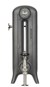 End view of an Emmeline II cast iron radiator on feet in a textured Black Iron finish, with a nickel angled valve and wall stay.