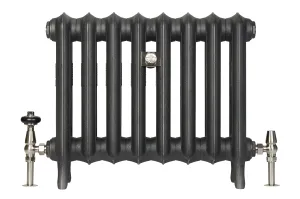 Emmeline II 470mm cast iron radiator in Black Iron with nine sections on feet, a nickel wall stay and nickel thermostatic and lockshield valves.