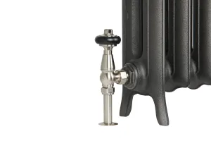 Close-up of the end of an Emmeline II cast iron radiator in Black Iron on feet, with a brushed nickel angled valve and black wheel head.