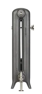 End view of an Emmeline II 670mm cast iron radiator on feet in Black Iron, with a polished nickel valve and lockshield.