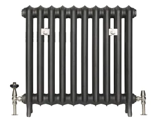 Emmeline II 670mm cast iron radiator in Black Iron on feet, ten sections, with nickel thermostatic and lockshield valves and two wall stays.