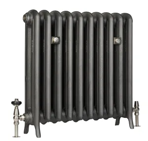 Emmeline II 670mm cast iron radiator in Black Iron on feet, with ten sections, two wall stays and nickel thermostatic and lockshield valves.