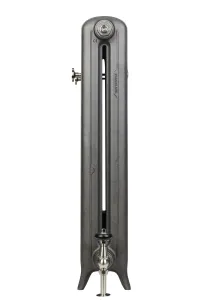 End view of an Emmeline II 870mm cast iron radiator in Black Iron on short feet, with a nickel angled valve at the base on a white background.
