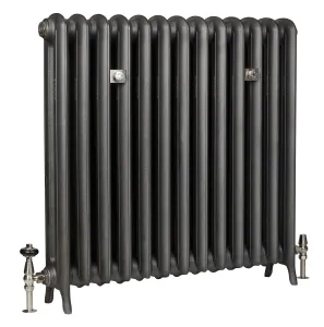 Emmeline II 870mm cast iron radiator in Black Iron on cast feet, with nickel thermostatic and lockshield valves and two wall stays.