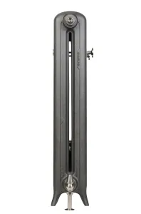 End view of an Emmeline II 870mm cast iron radiator on feet in a textured Black Iron finish, with a polished nickel valve and bleed plug.