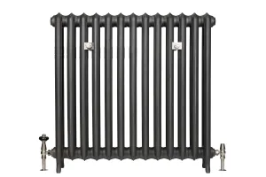 Plain column cast iron radiator on feet in a dark metallic Black Iron finish, with two wall stays and nickel angled valves at each end.