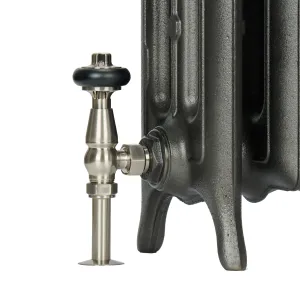 Close-up of the foot of an Emmeline III cast iron radiator in a dark metallic finish, with a satin nickel angled thermostatic valve and black head.
