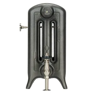 End view of an Emmeline III 470mm three-column cast iron radiator on feet in a dark textured finish, with a nickel valve and wall stay.