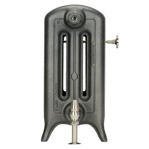 End view of an Emmeline III 470mm three-column cast iron radiator on feet in a dark metallic finish, with satin nickel valve and bleed key.