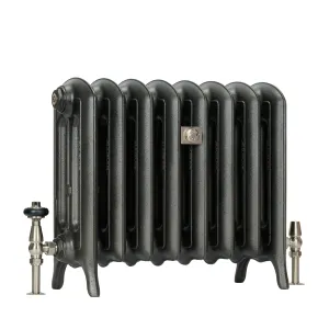 Emmeline III cast iron radiator, eight sections on feet, in a dark metallic grey finish with satin nickel valves and a wall stay, on white.