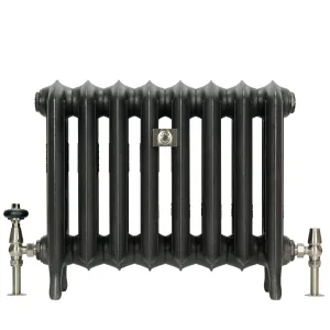 Emmeline III 470mm cast iron radiator on feet, eight sections in a dark pewter-like finish, with satin nickel thermostatic valves and a small decorative wall stay.