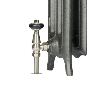 Close-up of an Emmeline III cast iron radiator foot in a dark grey finish with a satin nickel angled thermostatic valve and black head.