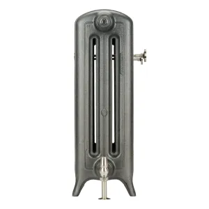 End view of an Emmeline III 670mm cast iron radiator on feet in a metallic grey finish, with a nickel valve and wall stay.