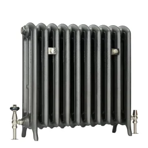 Emmeline III 670mm cast iron radiator in a textured graphite finish on feet, with two wall stays and nickel thermostatic valves.