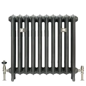Emmeline III 670mm cast iron radiator with ten sections in a dark metallic finish, on feet, with nickel valves and wall stays.