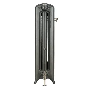 End view of an Emmeline III 870mm cast iron radiator on feet in a textured dark metallic finish, with nickel valves, on a white background.