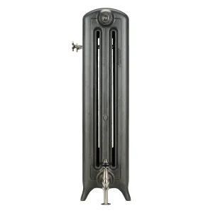 End view of an Emmeline III 870mm cast iron radiator on feet in a dark metallic grey finish, with a nickel valve below and a wall stay.
