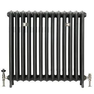 Emmeline III 870mm cast iron radiator, plain columns on feet, dark metallic finish, with nickel valves and two wall stays, on white.