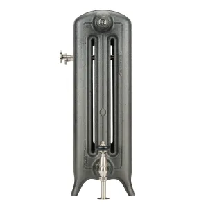 End view of an Emmeline III 670mm cast iron radiator on feet in a pewter-grey finish, with a nickel thermostatic valve and wall stay.