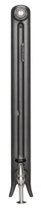 Side view of a single Emmeline I 865mm cast iron radiator section on splayed feet in a textured dark finish, with a nickel angled valve.