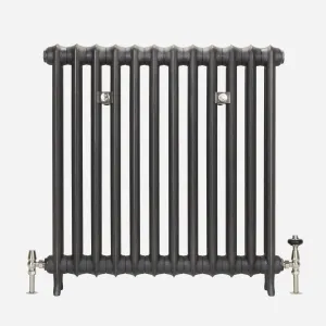 Emmeline I 865mm plain column cast iron radiator in a dark graphite finish on feet, with brushed nickel valves and wall stays.