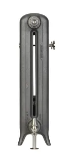 End view of an Emmeline II cast iron radiator on feet in a textured Black Iron finish, with a nickel valve and air vent, on white.