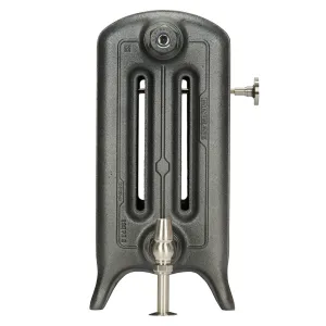End view of an Emmeline III 470mm three-column cast iron radiator on feet in a dark metallic finish, with a satin nickel valve and wall stay.