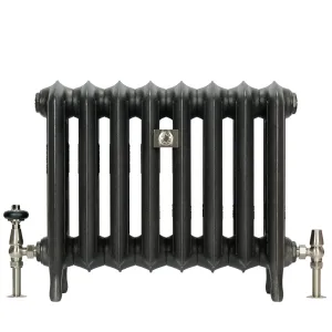 Eight-section Emmeline III cast iron radiator on feet in a dark metallic finish, with a satin nickel thermostatic valve and angled valve.