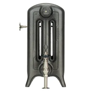 End view of an Emmeline III 470mm three-column cast iron radiator on feet, dark grey textured finish, with a nickel valve and wall stay.