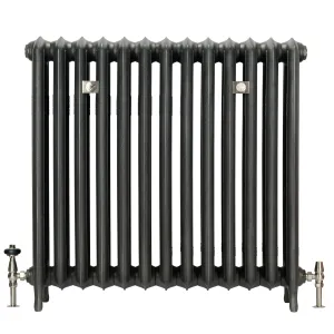 Emmeline III cast iron radiator, 870mm high, with plain columns in a dark metallic grey finish on feet, with nickel valves and wall stays.