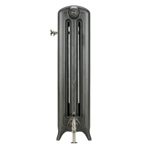 End view of an Emmeline III 870mm cast iron radiator on feet in a dark pewter-grey finish, with a nickel valve and side wall stay.