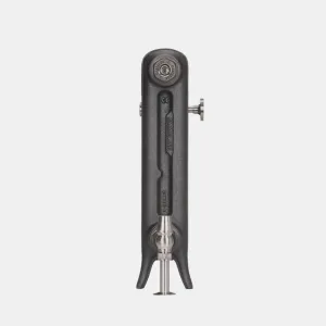 End view of an Emmeline cast iron radiator section in Black Iron on short feet, with a nickel angled valve below and a bleed key at the side.