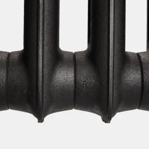 Close-up of the lower sections of an Emmeline I cast iron radiator in Matt Black, showing textured casting and joined columns on a white background.