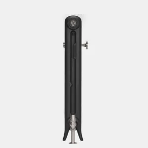 Side view of an Emmeline I 665mm cast iron radiator in Matt Black on splayed feet, with a nickel angled valve and bleed key, on a plain background.