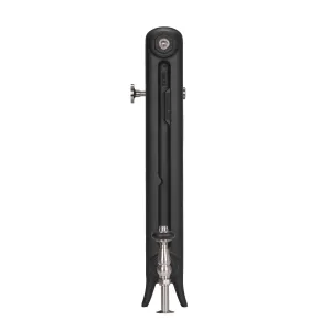 End view of an Emmeline I 665mm cast iron radiator on feet in Matt Black, with a polished nickel valve and wall stay, on white.