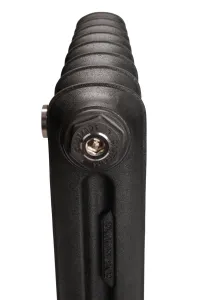 End view of an Emmeline I 665mm cast iron radiator in Matt Black, showing a Castrads-branded plug with a chrome bleed valve and the textured sections.