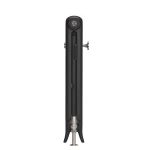End view of an Emmeline I 665mm cast iron radiator on feet in Matt Black, with a nickel angled valve below and a nickel lockshield at the side.