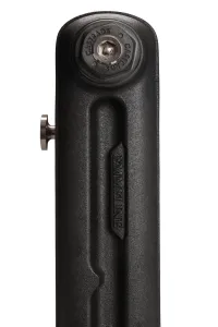 Close-up of the end section of an Emmeline cast iron radiator in Matt Black, showing the Castrads-stamped plug, embossed name and a metal bleed valve.
