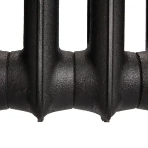 Close-up of the lower sections of an Emmeline I cast iron radiator in Matt Black, showing the textured cast surface and joined columns.